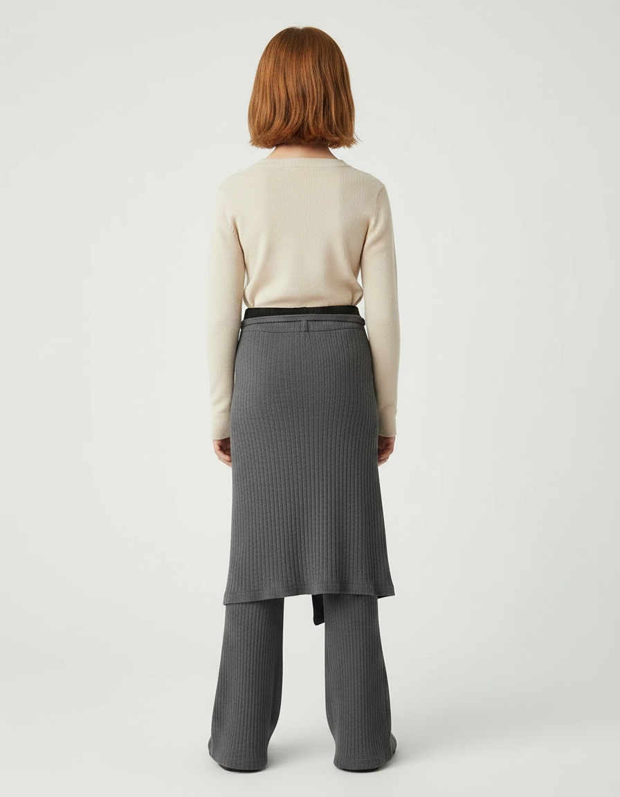 Pantalon Gris Côtelé Jupe-Pantalon Boutons Fille Moderne - Maille - vue 2