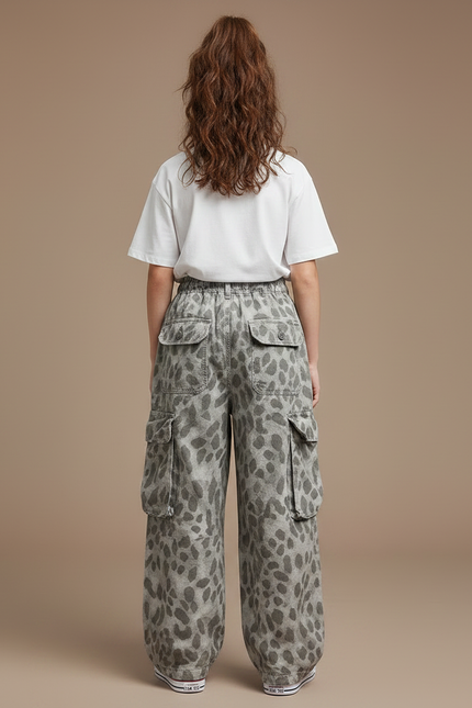 Pantalon Gris Cargo Ample Imprimé Léopard Enfant - Toile - vue 2