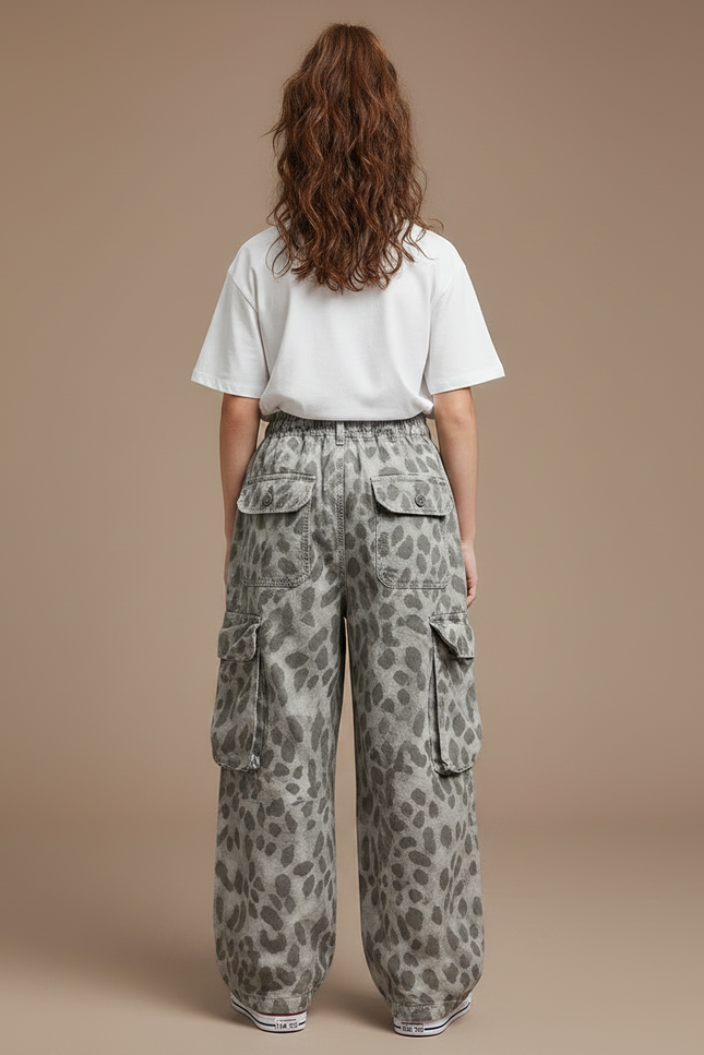 Pantalon Gris Cargo Ample Imprimé Léopard Enfant - Toile - vue 2
