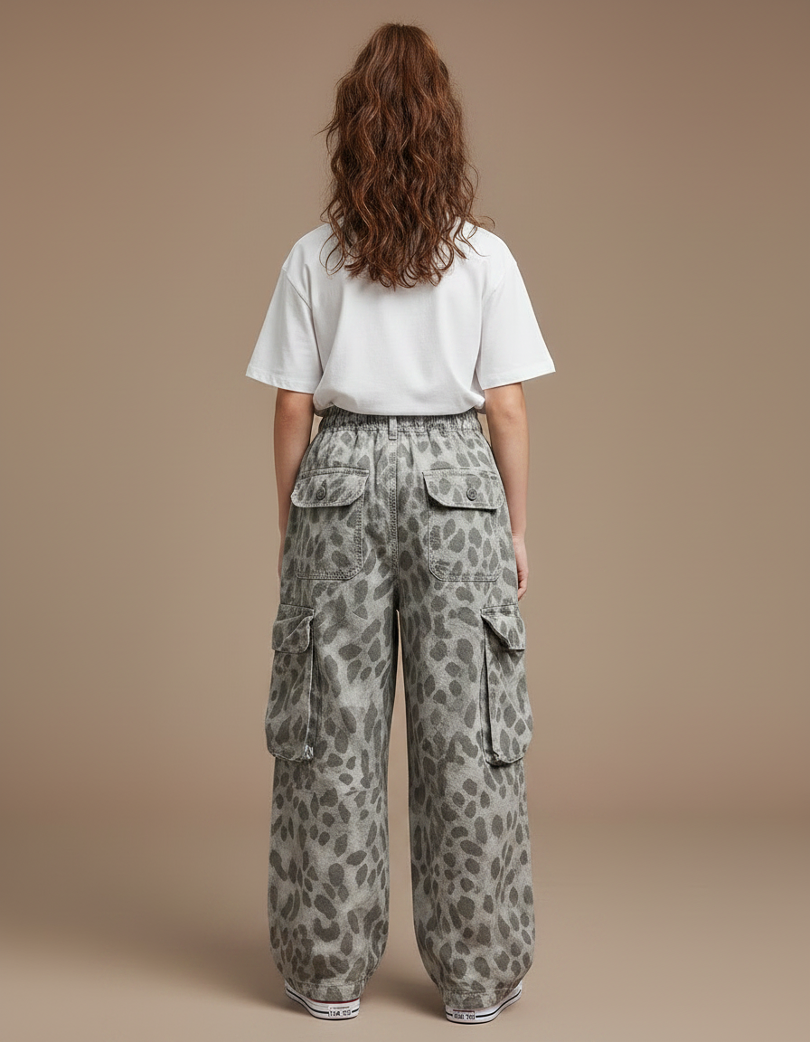 Pantalon Gris Cargo Ample Imprimé Léopard Enfant - Toile - vue 2