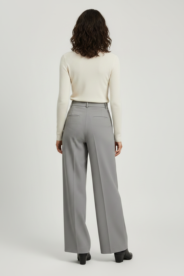 Pantalon Gris Ample Taille Haute Plissé Droit - Gabardine - vue 2