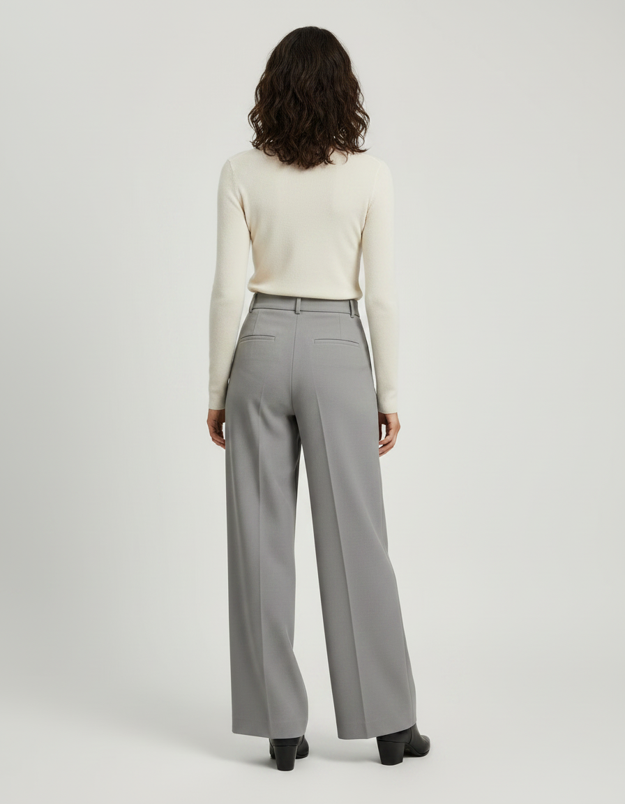 Pantalon Gris Ample Taille Haute Plissé Droit - Gabardine - vue 2