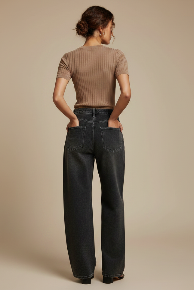 Pantalon Gris Large Délavé, Taille Haute, Streetwear - Jean - vue 2