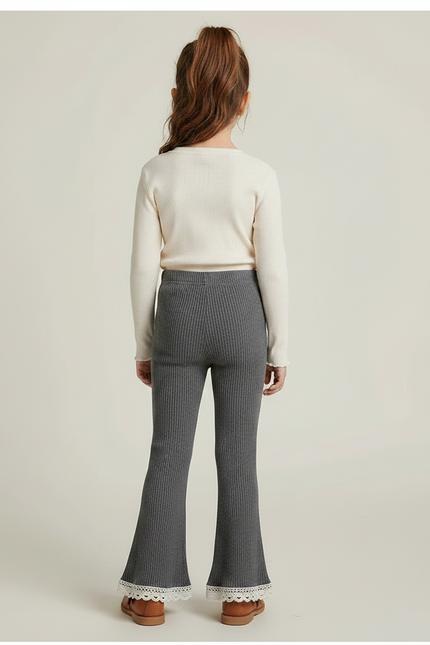 Pantalon Gris Côtelé Évasé Dentelle Fille Confortable - Maille - vue 2