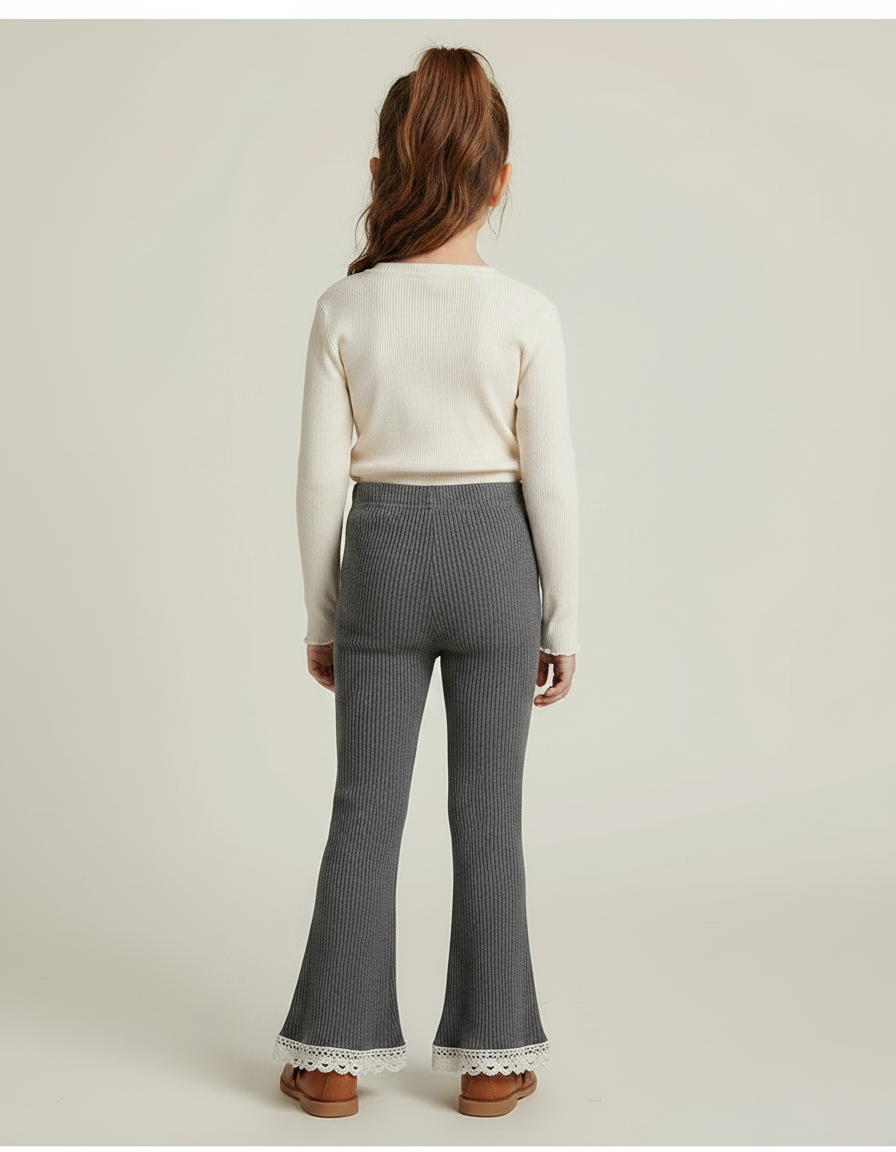 Pantalon Gris Côtelé Évasé Dentelle Fille Confortable - Maille - vue 2