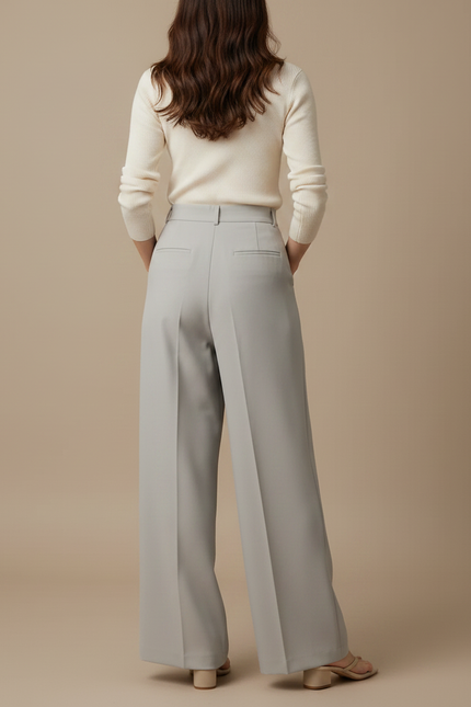 Pantalon Gris Plissé Taille Haute Ample Élégant Femme - Polyester - vue 2