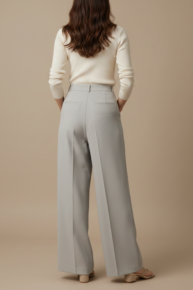 Pantalon Gris Plissé Taille Haute Ample Élégant Femme - Polyester - vue 2