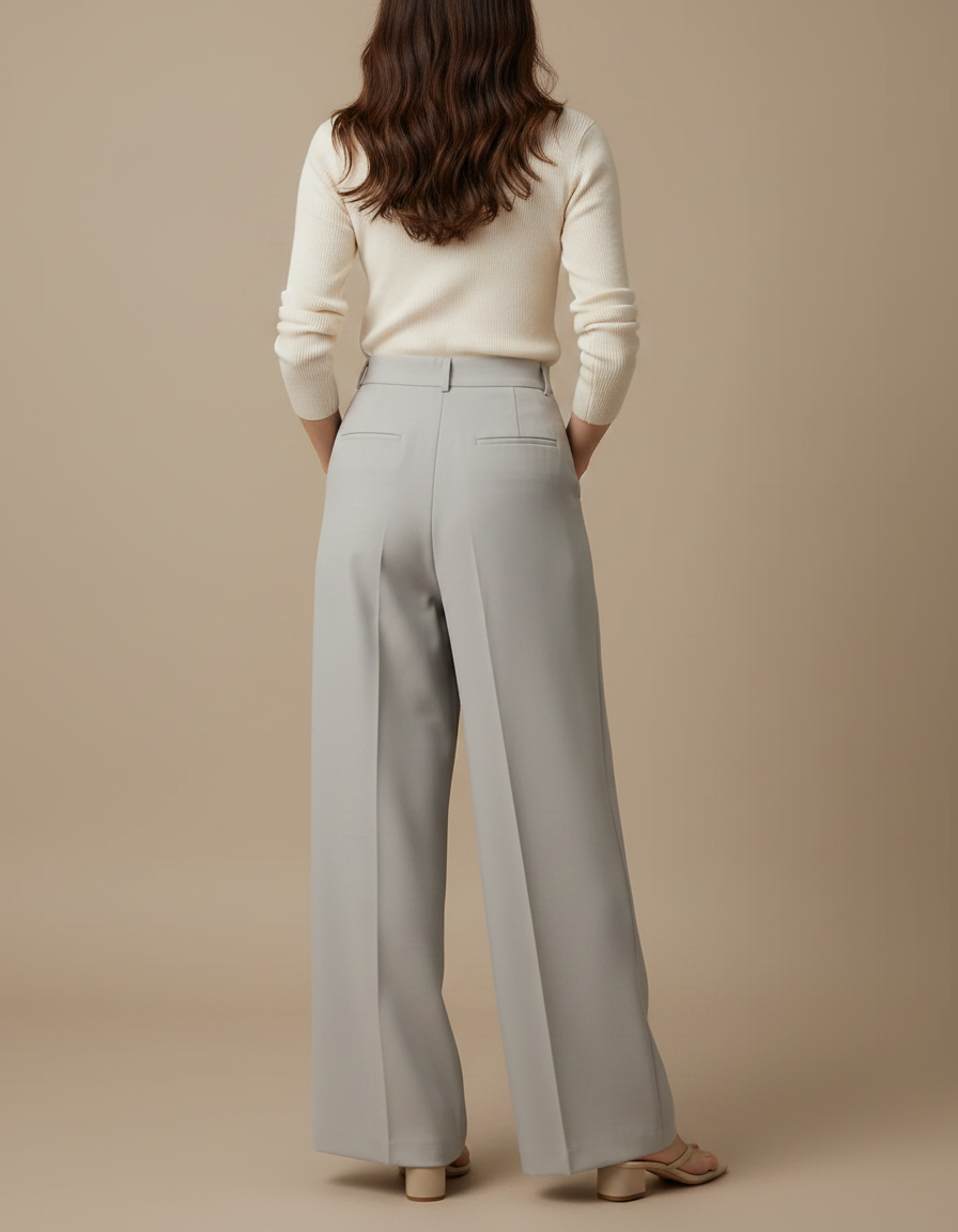 Pantalon Gris Plissé Taille Haute Ample Élégant Femme - Polyester - vue 2