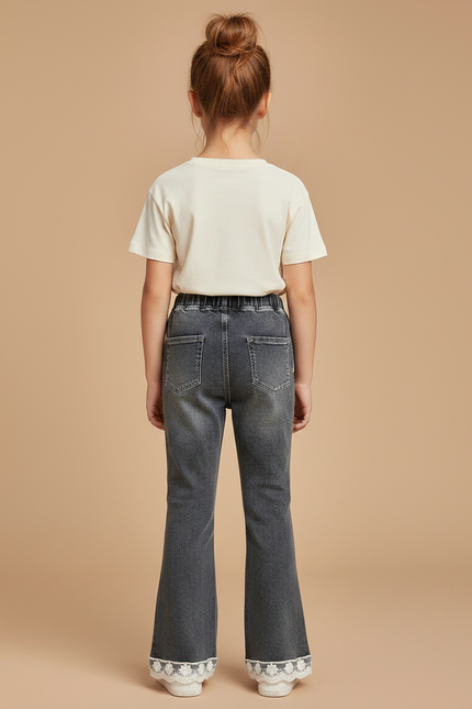 Pantalon Gris Évasé Dentelle Perles Fille - Jean - vue 2