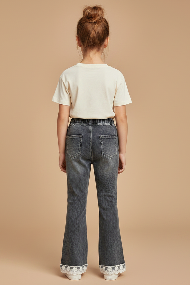 Pantalon Gris Évasé Dentelle Perles Fille - Jean - vue 2