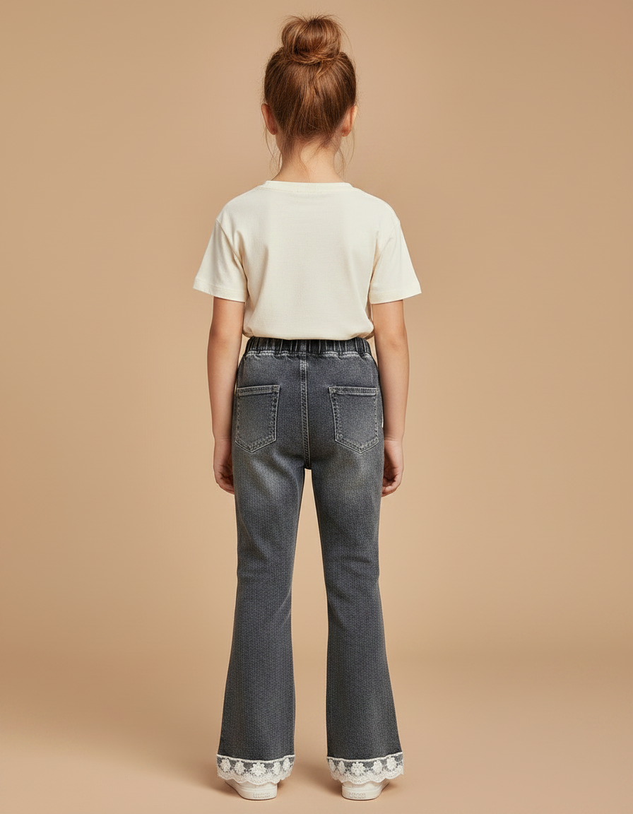 Pantalon Gris Évasé Dentelle Perles Fille - Jean - vue 2