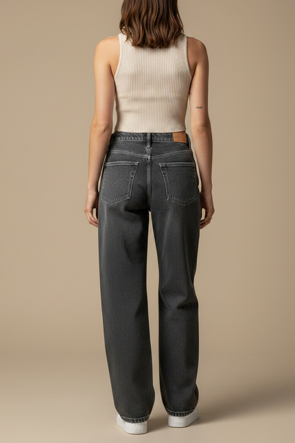 Pantalon Gris Large Décontracté Taille Haute Femme - Jean - vue 2