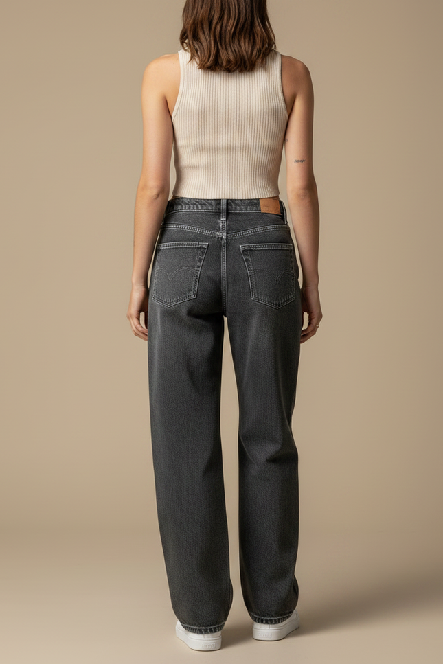 Pantalon Gris Large Décontracté Taille Haute Femme - Jean - vue 2