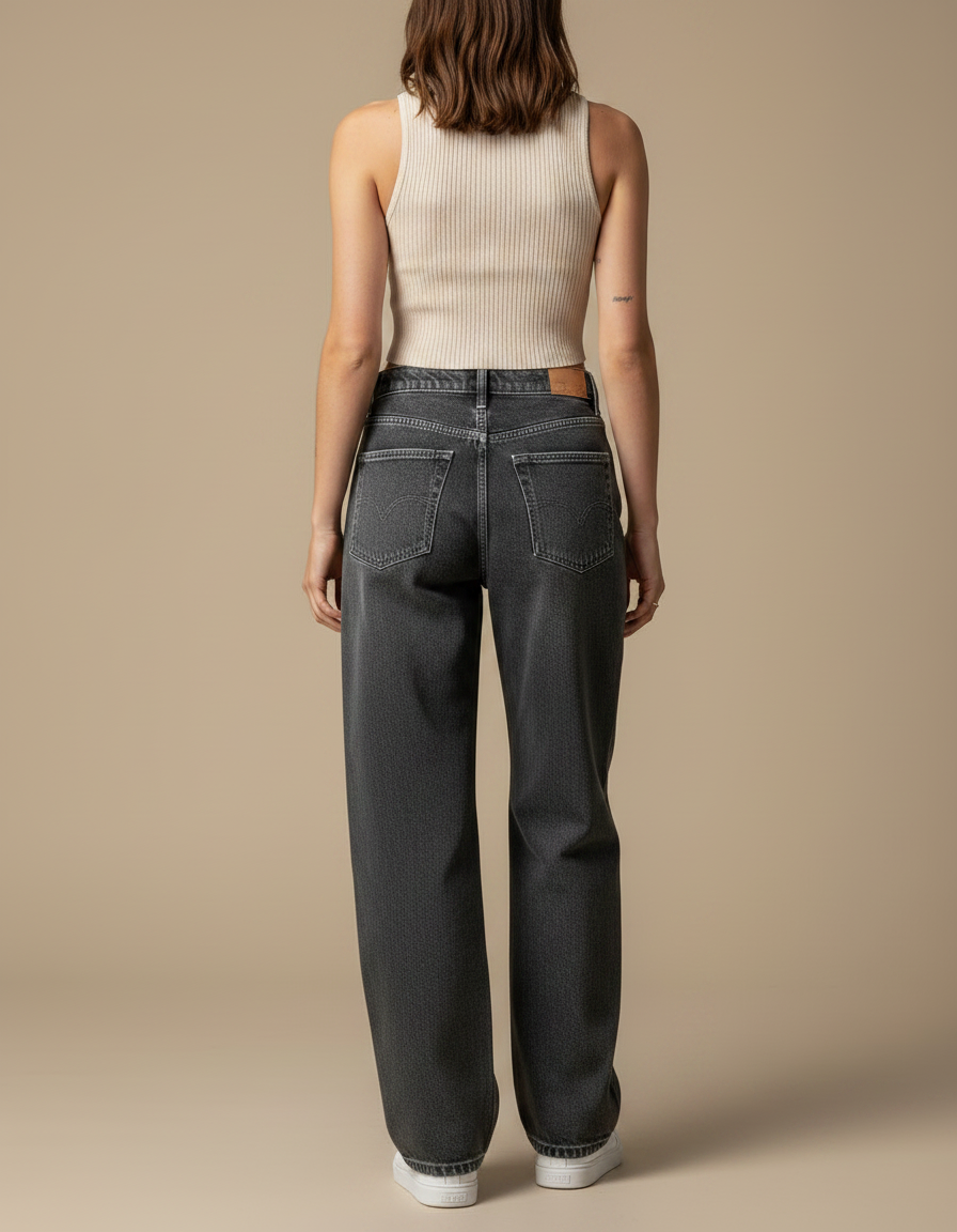 Pantalon Gris Large Décontracté Taille Haute Femme - Jean - vue 2