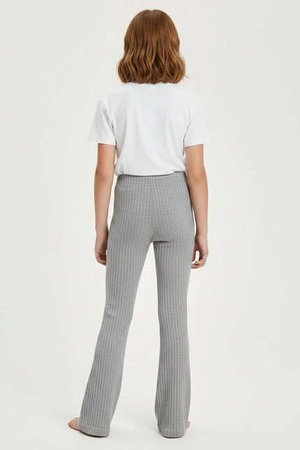 Pantalon Gris Côtelé Évasé Taille Élastique Confortable - Maille - vue 2