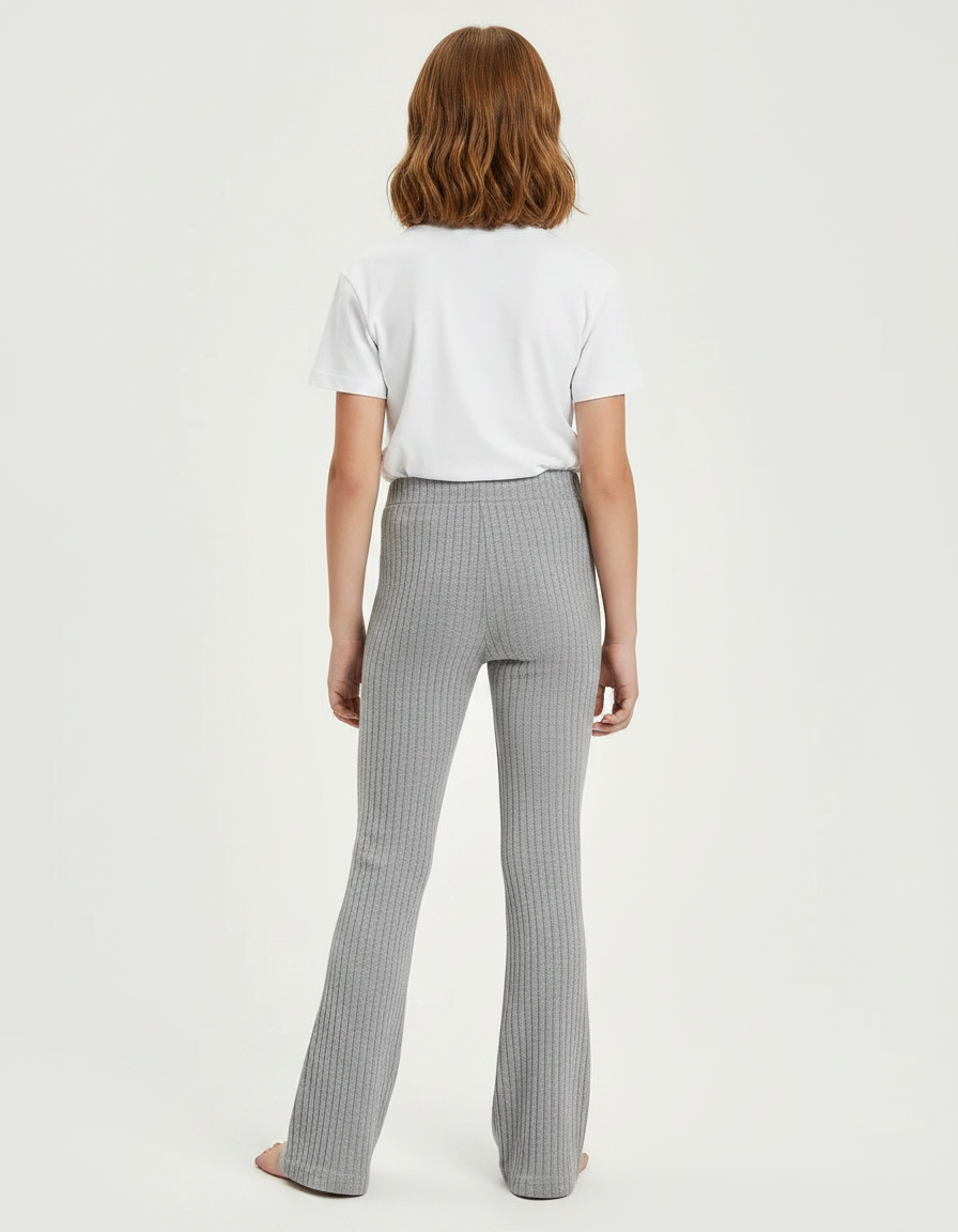 Pantalon Gris Côtelé Évasé Taille Élastique Confortable - Maille - vue 2