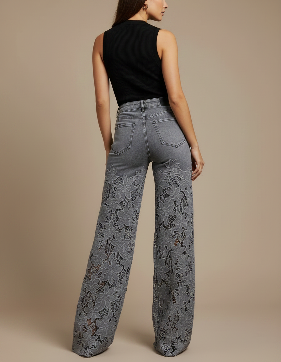 Pantalon Gris Jean Large Évasé Dentelle Découpée Femme - vue 2