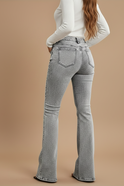 Pantalon Gris Jean Évasé Taille Haute Délavé - vue 2