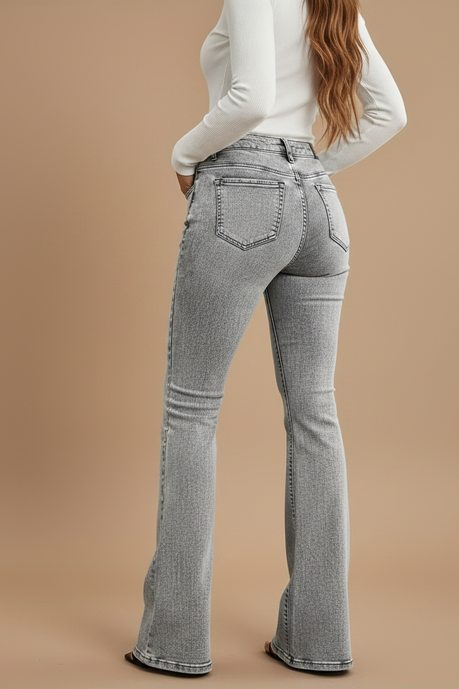 Pantalon Gris Jean Évasé Taille Haute Délavé - vue 2