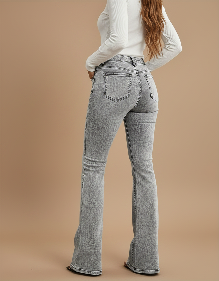 Pantalon Gris Jean Évasé Taille Haute Délavé - vue 2