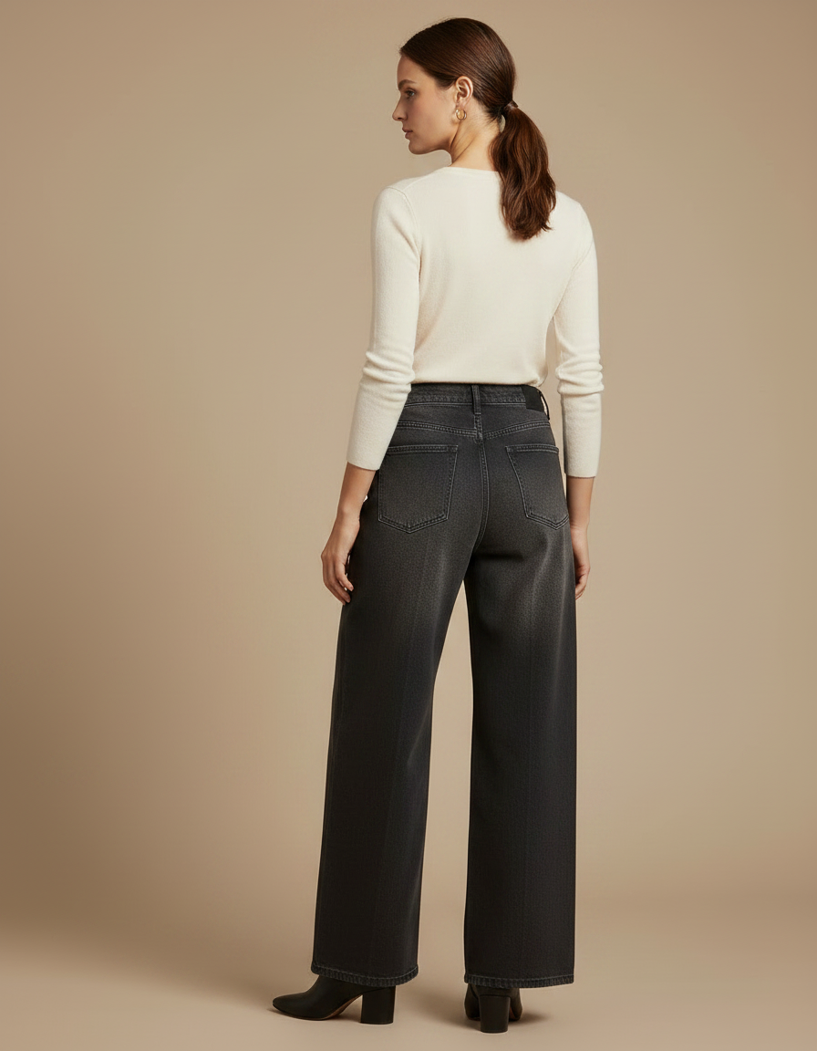 Pantalon Gris Jean Large Décontracté Taille Haute - vue 2