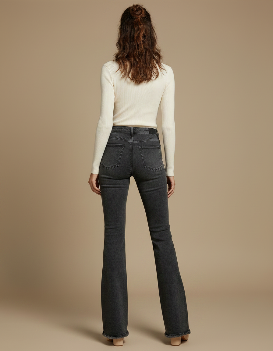 Pantalon Gris Évasé Taille Haute Denim Femme - Jean - vue 2