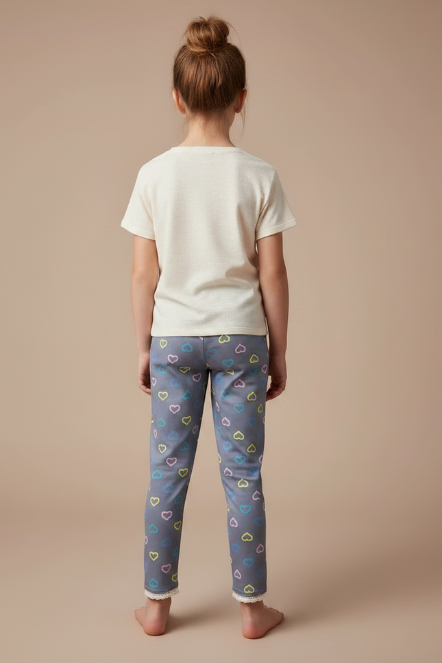 Pantalon Gris Legging Cœurs Colorés Dentelle Fille - Maille - vue 2