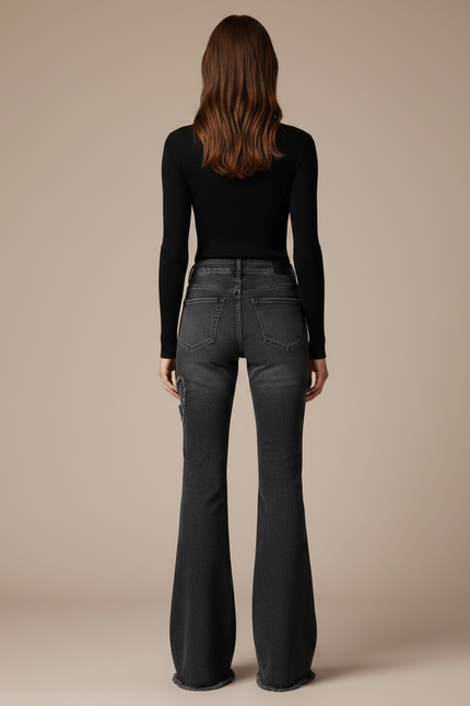 Pantalon Gris Évasé Taille Haute Denim Papillons - Jean - vue 2