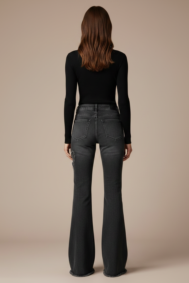 Pantalon Gris Évasé Taille Haute Denim Papillons - Jean - vue 2