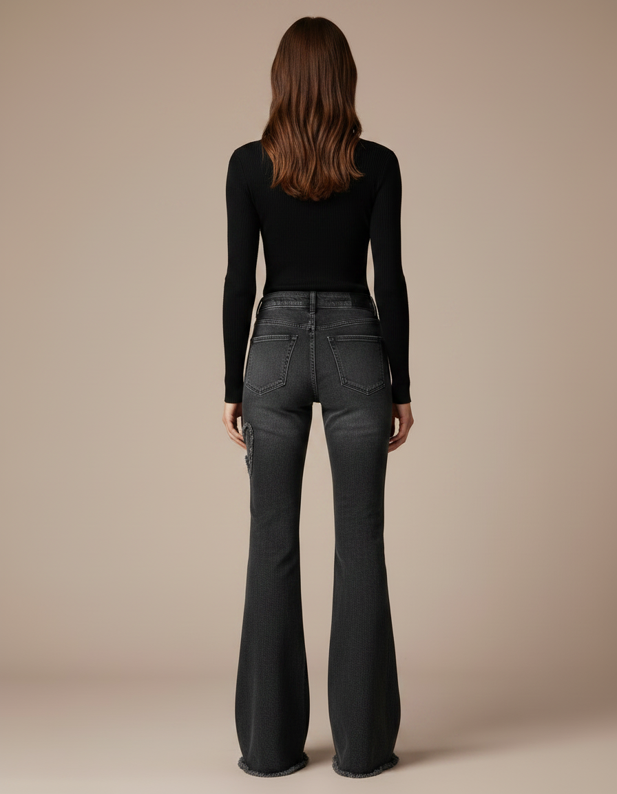 Pantalon Gris Évasé Taille Haute Denim Papillons - Jean - vue 2