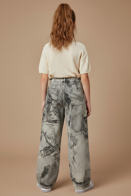 Pantalon Gris Large Imprimé Newspaper Denim Fille - Jean - vue 2