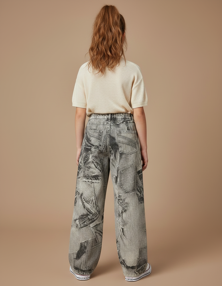 Pantalon Gris Large Imprimé Newspaper Denim Fille - Jean - vue 2