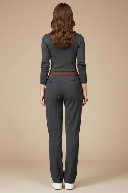 Pantalon Gris Droit Décontracté Ceinture Cordon Femme - Gabardine - vue 2