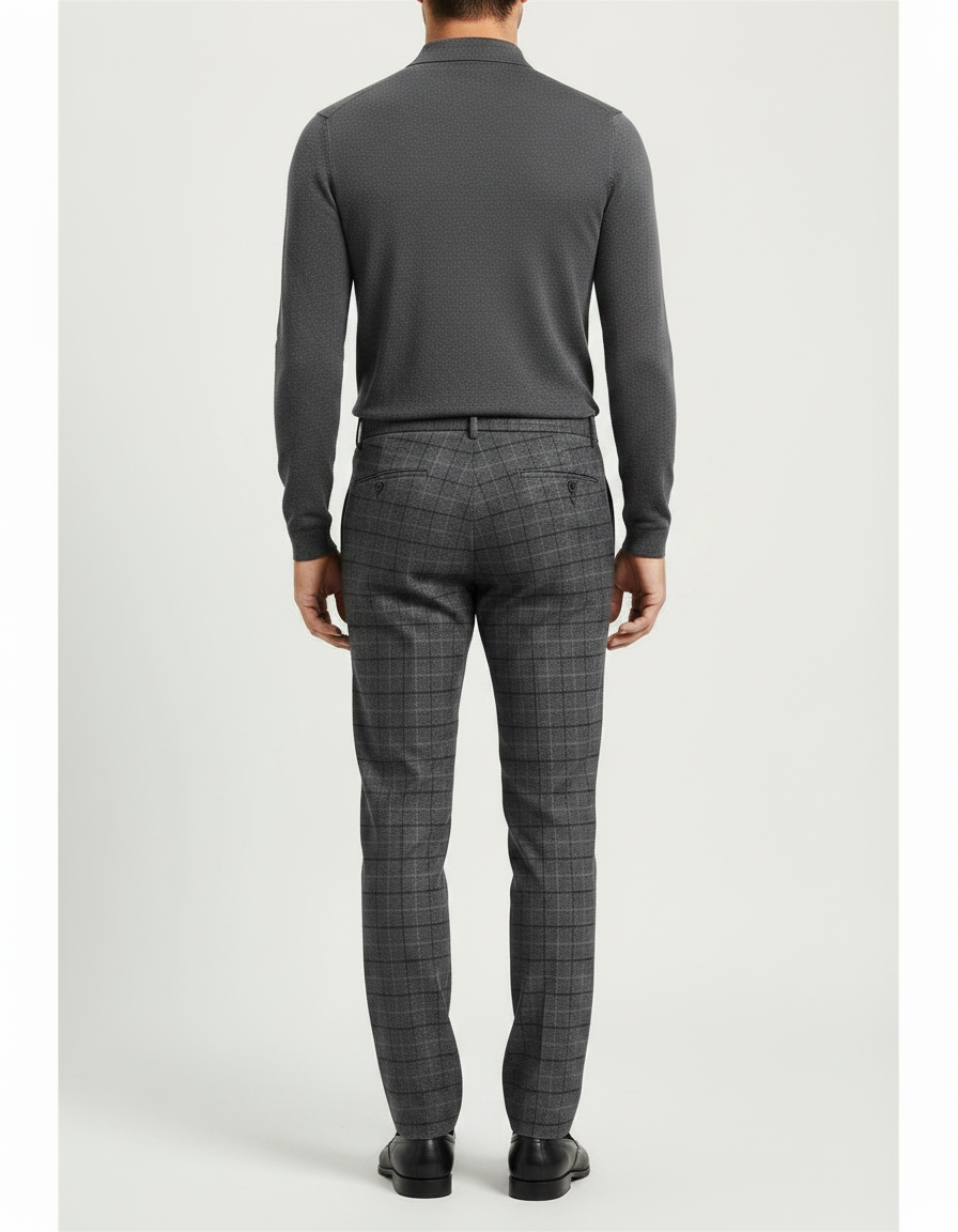 Pantalon Gris Carreaux Classique Droit Homme - Laine - vue 2