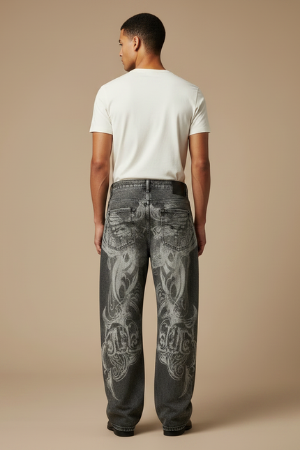 Pantalon Gris Imprimé Ample Vintage Hip Hop Homme - Jean - vue 2