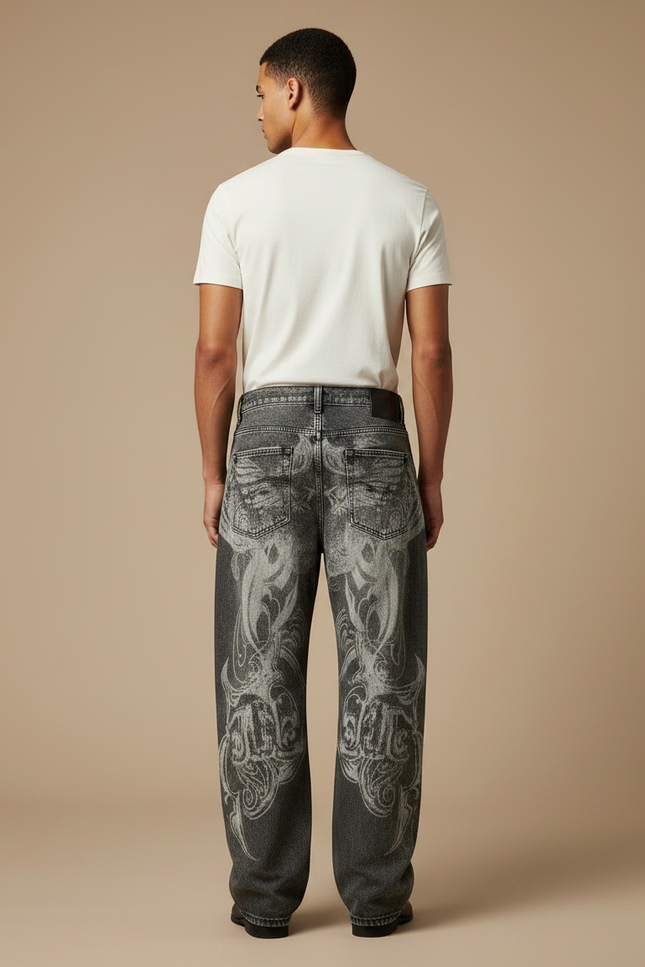Pantalon Gris Imprimé Ample Vintage Hip Hop Homme - Jean - vue 2