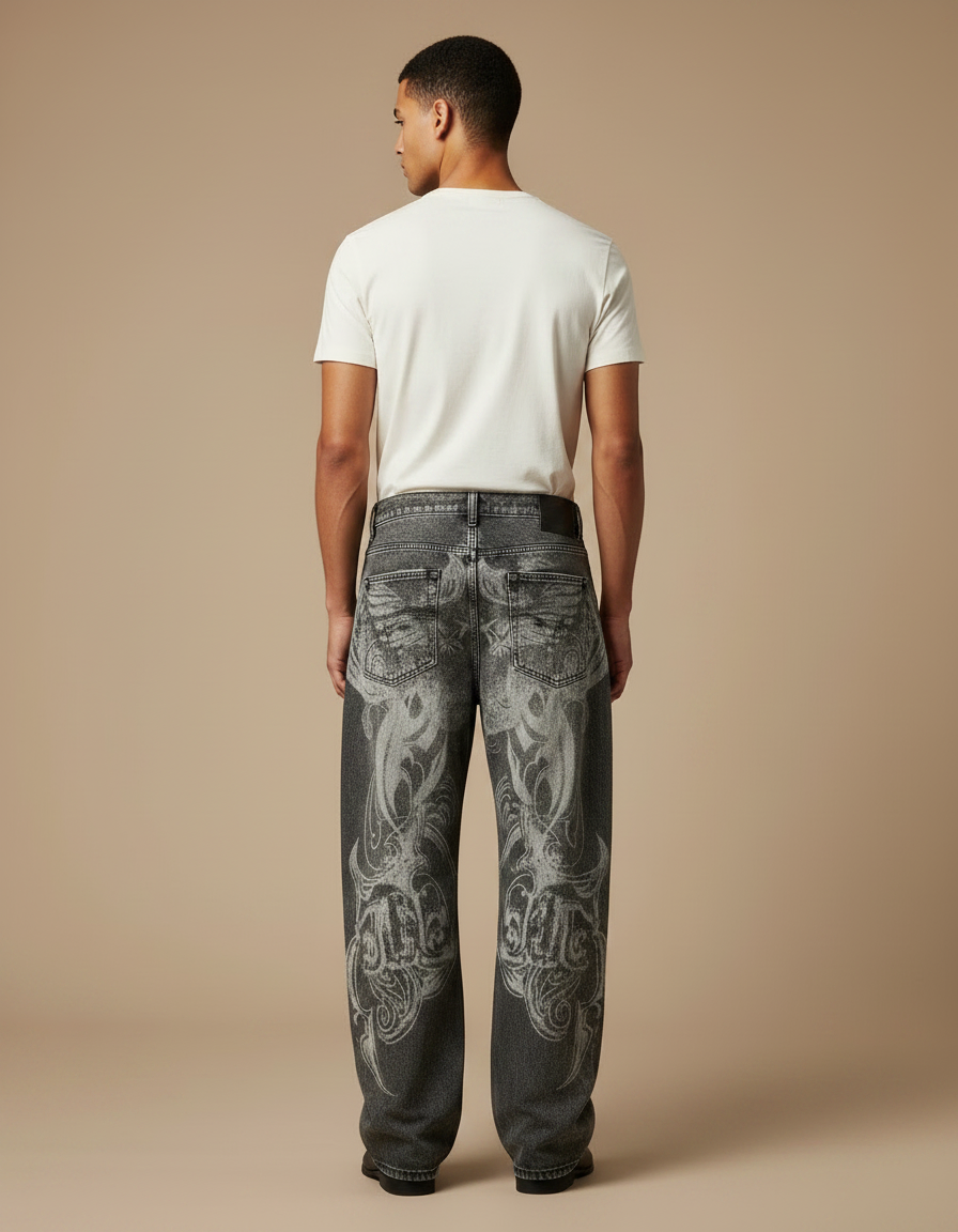 Pantalon Gris Imprimé Ample Vintage Hip Hop Homme - Jean - vue 2