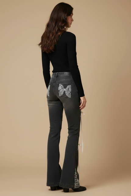 Pantalon Gris Évasé Rubans Dentelle Vintage Femme - Jean - vue 2