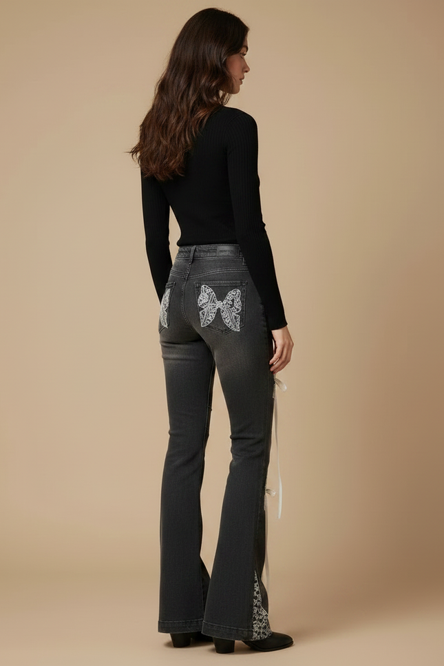 Pantalon Gris Évasé Rubans Dentelle Vintage Femme - Jean - vue 2