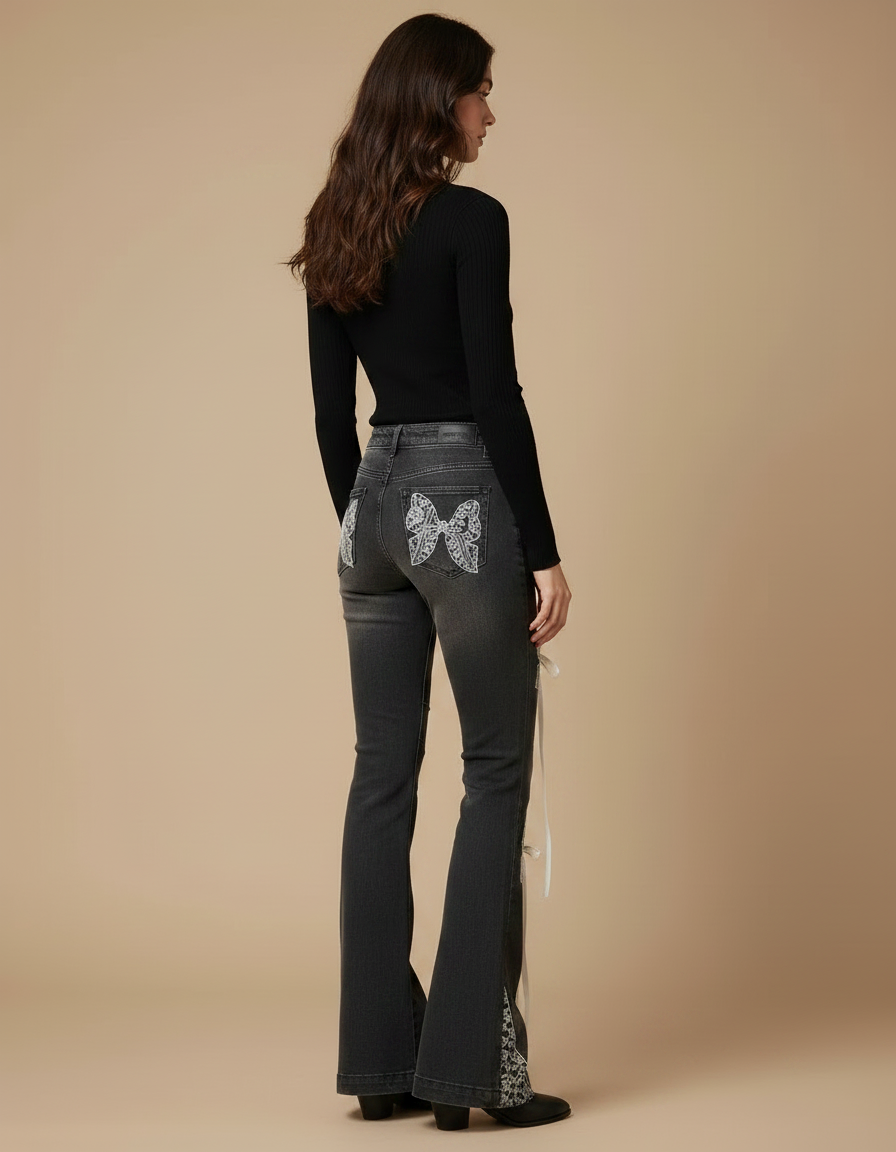 Pantalon Gris Évasé Rubans Dentelle Vintage Femme - Jean - vue 2