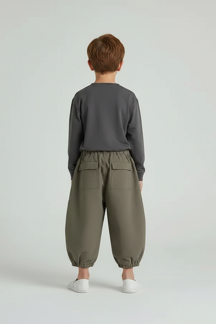 Pantalon Gris Cargo Ample Enfant Décontracté Poches - Kaki Toile - vue 2
