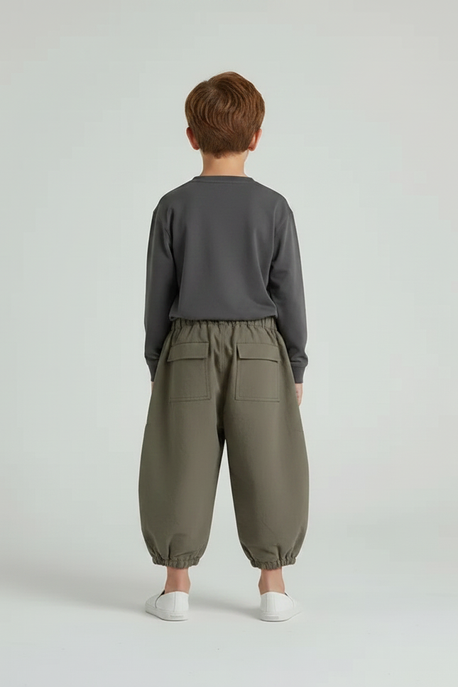 Pantalon Gris Cargo Ample Enfant Décontracté Poches - Kaki Toile - vue 2