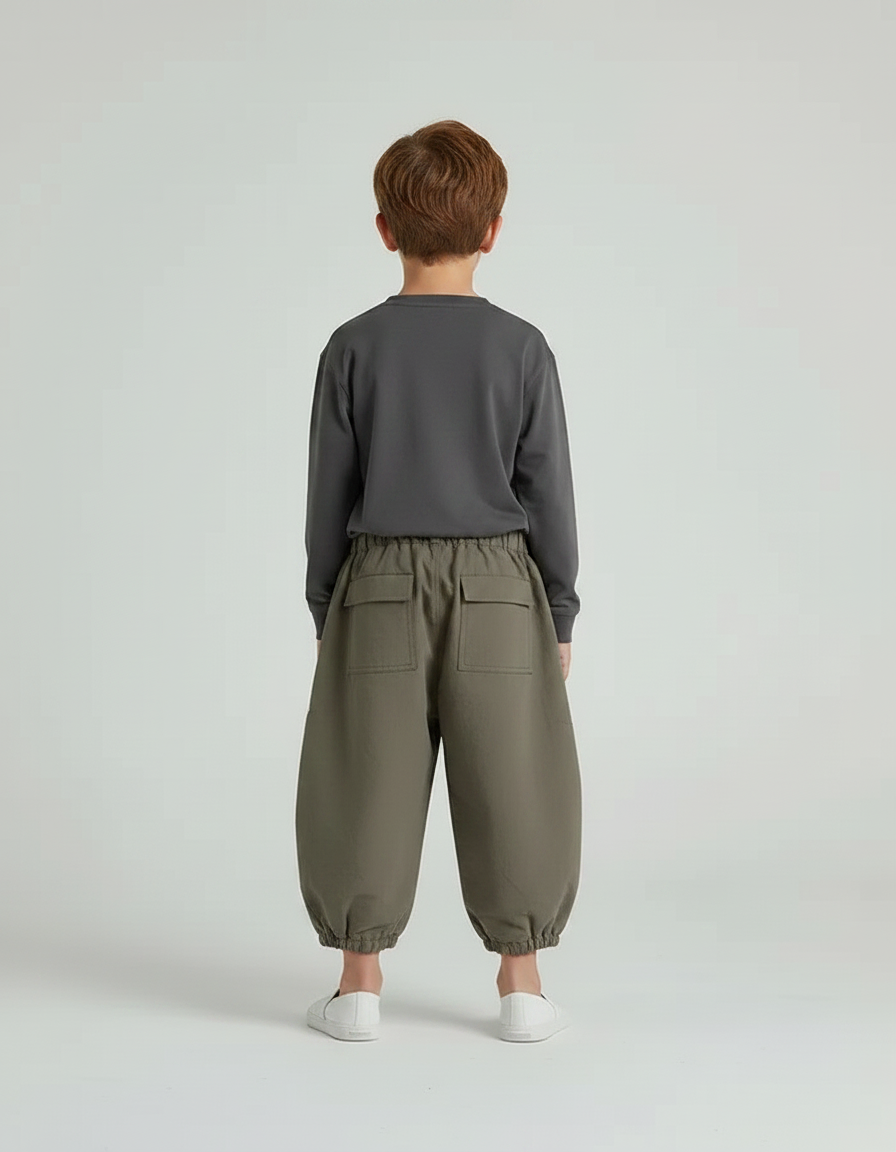 Pantalon Gris Cargo Ample Enfant Décontracté Poches - Kaki Toile - vue 2