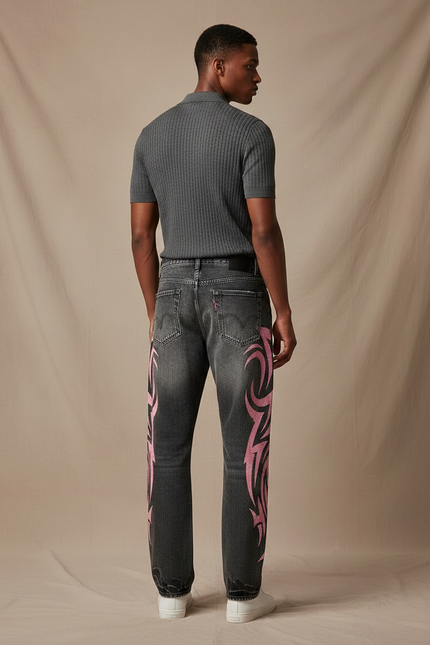 Pantalon Gris Large Imprimé Vintage Hip Hop Homme - Jean - vue 2