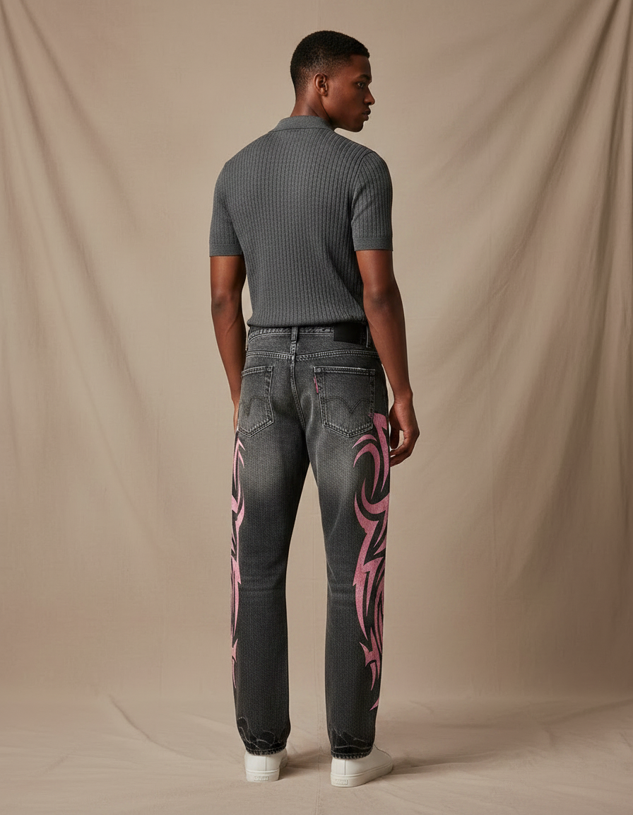 Pantalon Gris Large Imprimé Vintage Hip Hop Homme - Jean - vue 2