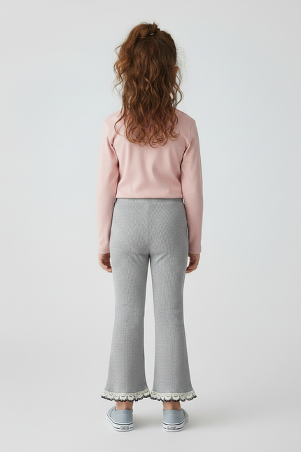 Pantalon Gris Côtelé Évasé Dentelle Enfant - Maille - vue 2