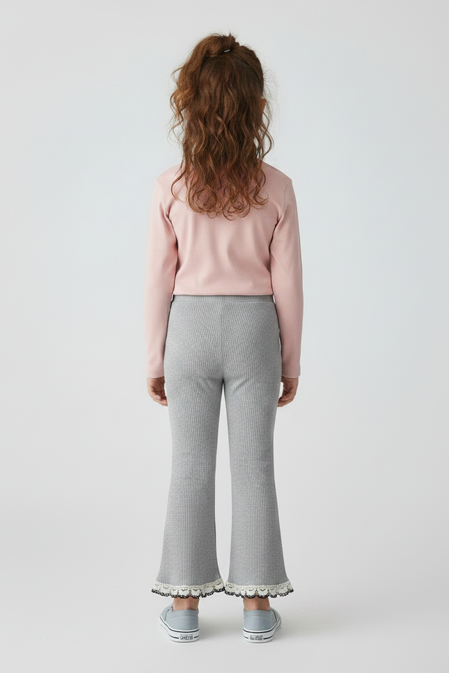 Pantalon Gris Côtelé Évasé Dentelle Enfant - Maille - vue 2