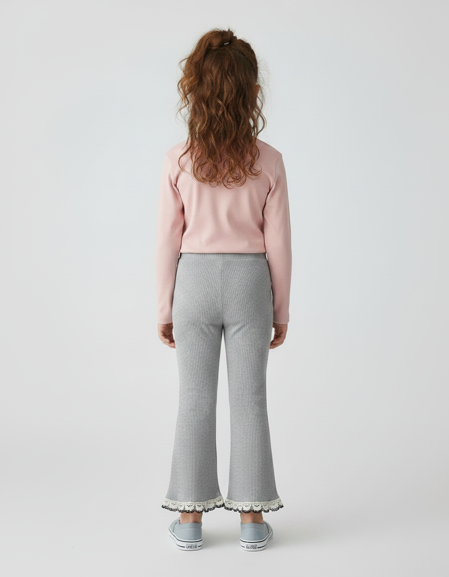 Pantalon Gris Côtelé Évasé Dentelle Enfant - Maille - vue 2