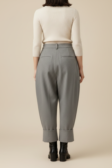 Pantalon Gris Plissé Ample Laine Harem Revers - vue 2