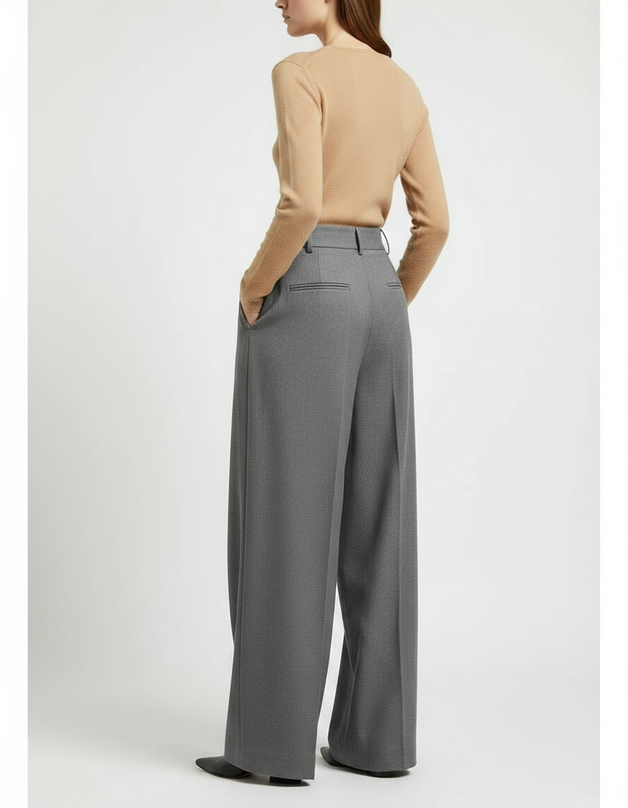 Pantalon Gris Ample Plissé Fluide Femme Élégant - Laine - vue 2
